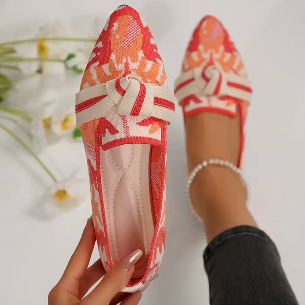 Stylish Women's Knotted Flats - Tangerine/Red, Size 7, NEW